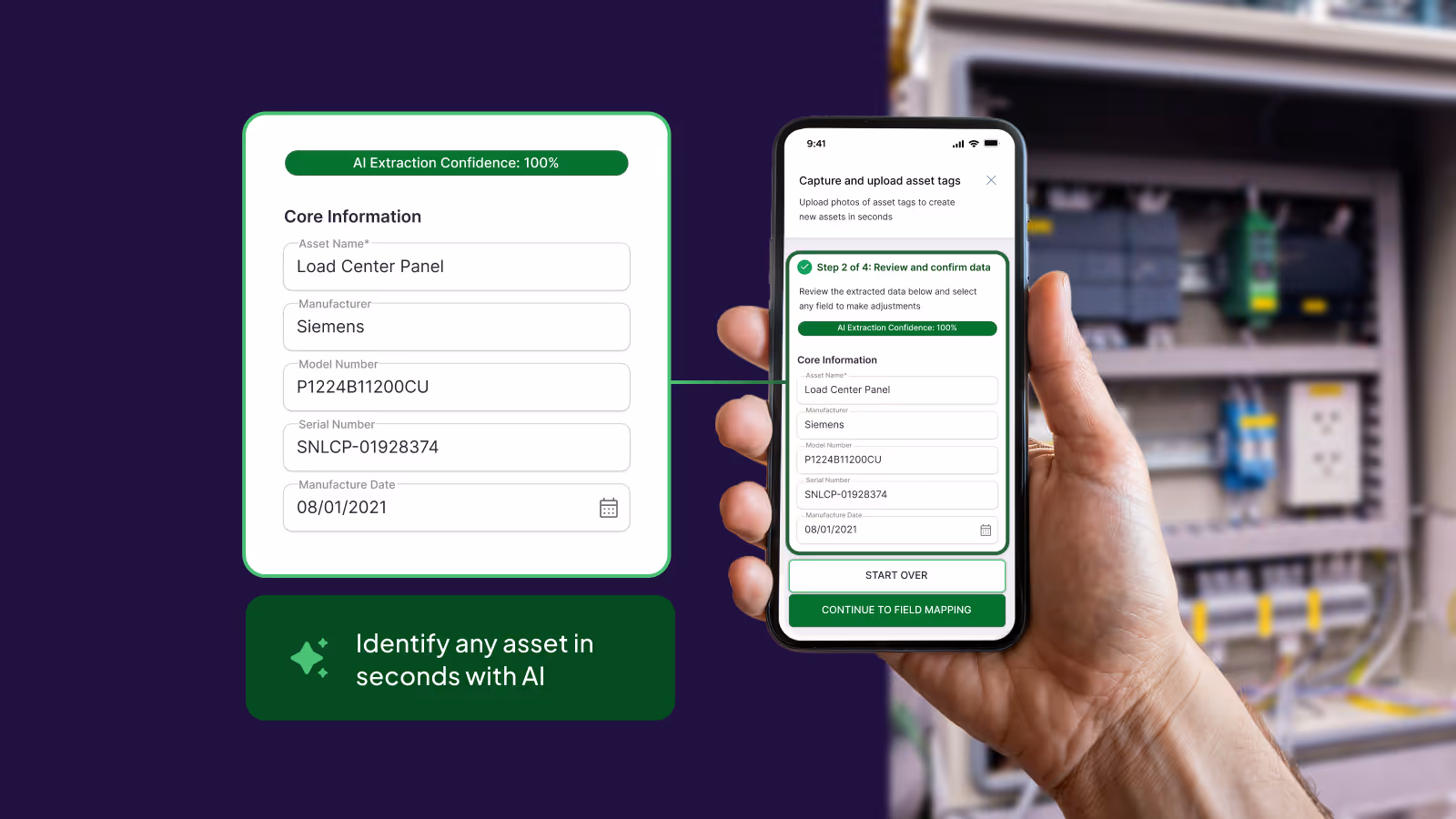 Hand holding a smartphone displaying an app with AI-extracted asset data showing Load Center Panel details from Siemens with model and serial numbers, alongside a text box stating 'Identify any asset in seconds with AI'.